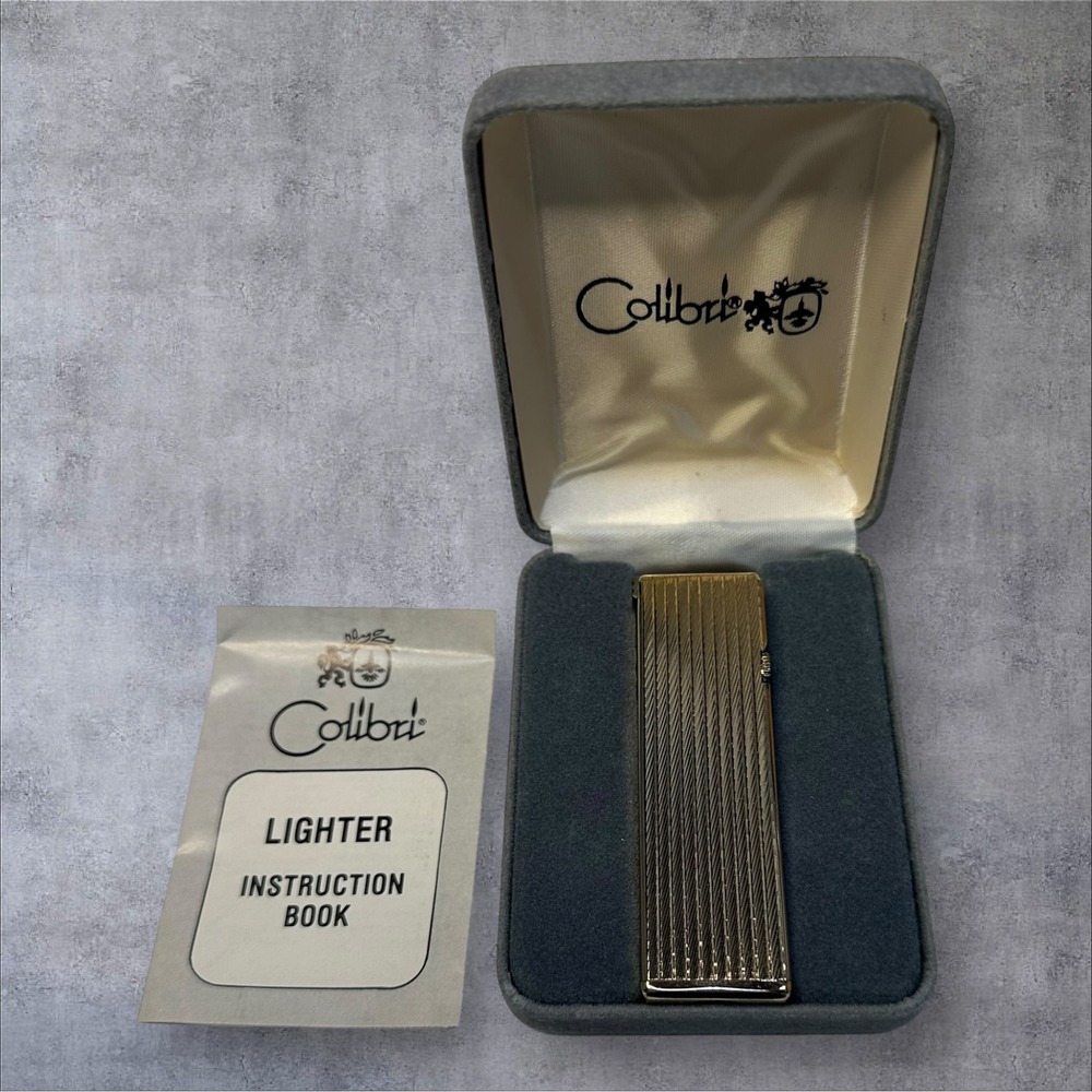 Colibri Slim Butane Lighter  Gold Tone Textured Pinstripe Vintage Box
